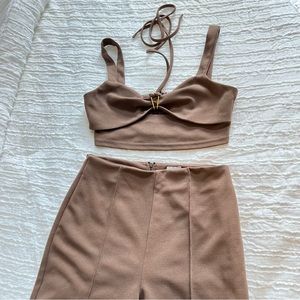Princess Polly Set Solid Brown Crop Top High Waist Wide Leg Pants Sz 4